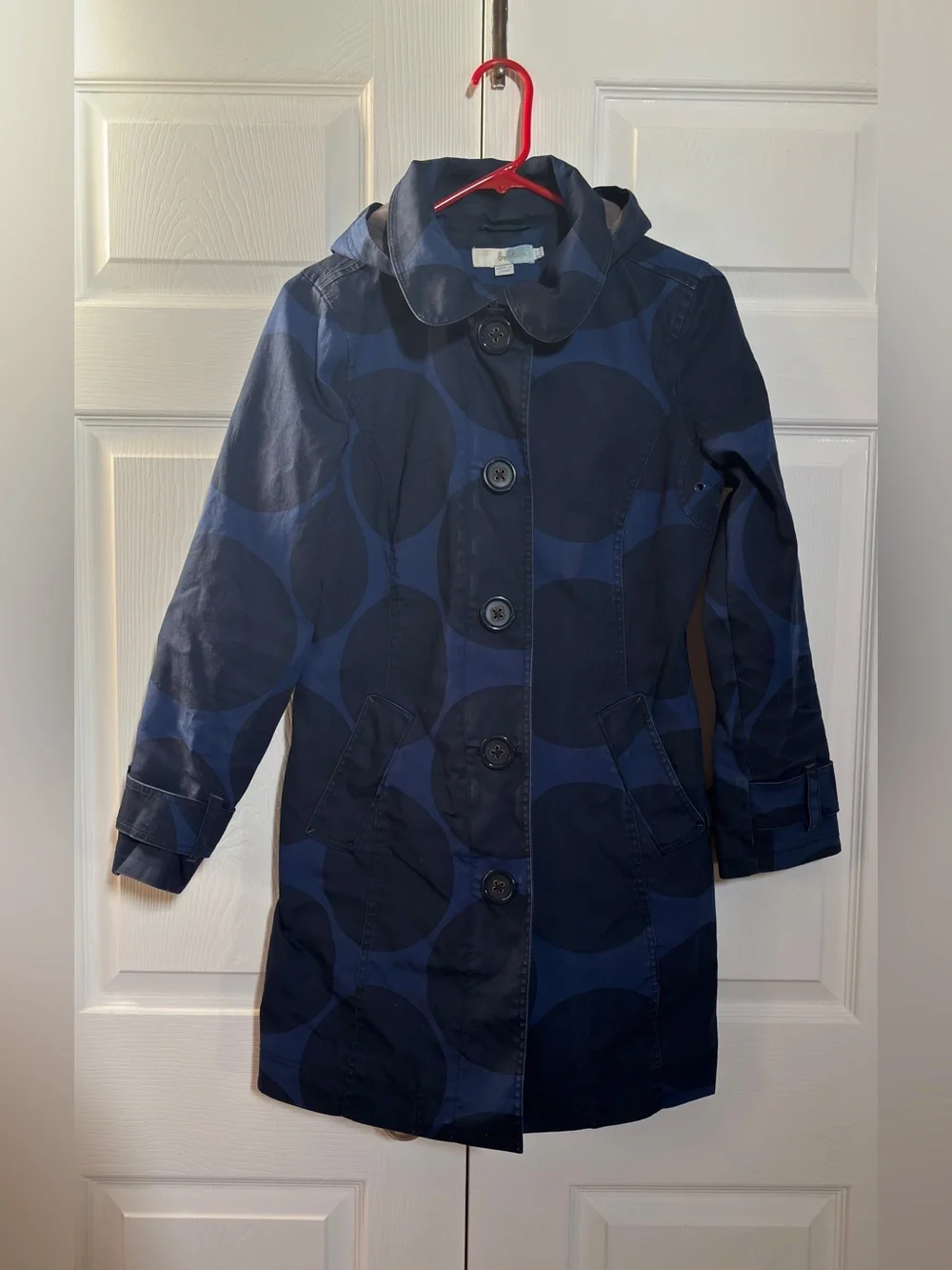 Boden Women’s Hooded Rain Coat Blue Polka Dot Fleece Lined Jacket US 6 UK10